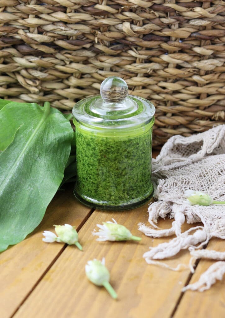 Wild garlic pesto packed in a small glas jar for longer storage.